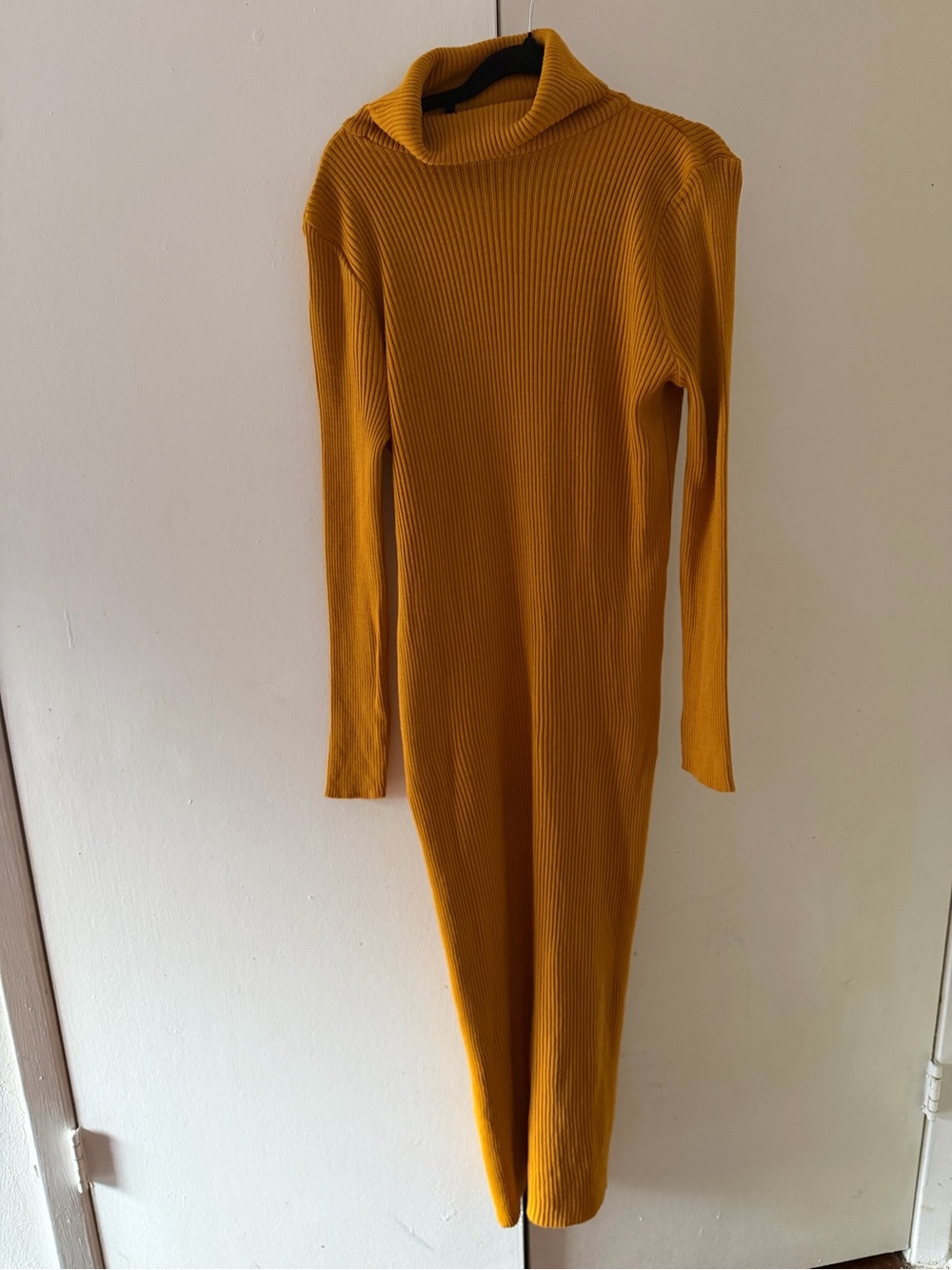 Long Sleeve Ribbed Turtleneck Midi Dress - Mustard